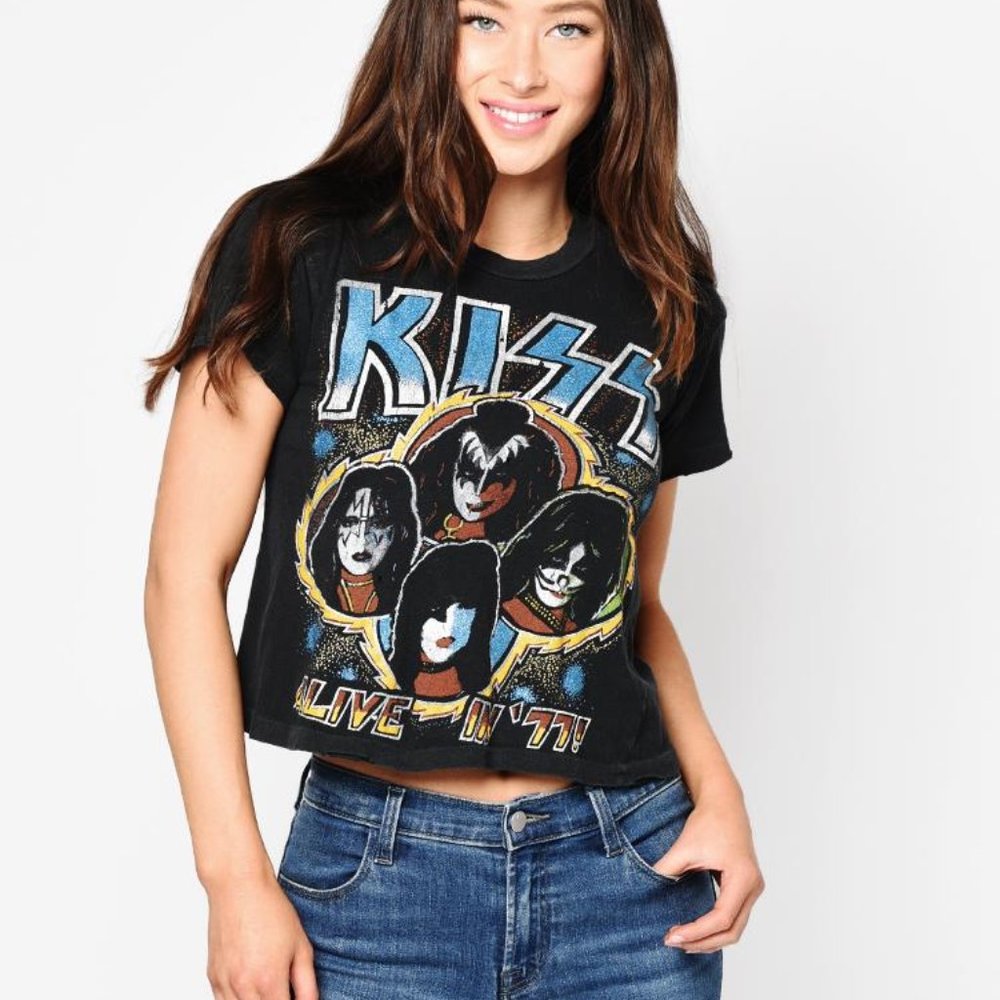 NEW MADEWORN Women’s Kiss Alive in ‘77 Crop Tee T Shirt XS